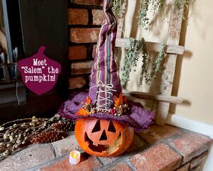 This shows a handmade pumpkin with a tall purple personalized witch hat. It is made using a real dried gourd. The pumpkin's name is Salem.